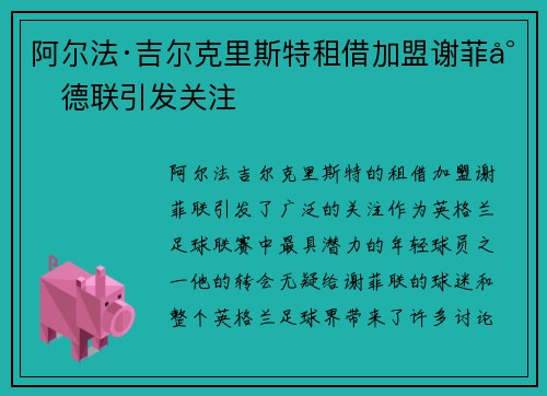 阿尔法·吉尔克里斯特租借加盟谢菲尔德联引发关注 阿尔法·吉尔克里斯特租借加盟谢菲尔德联引发关注
