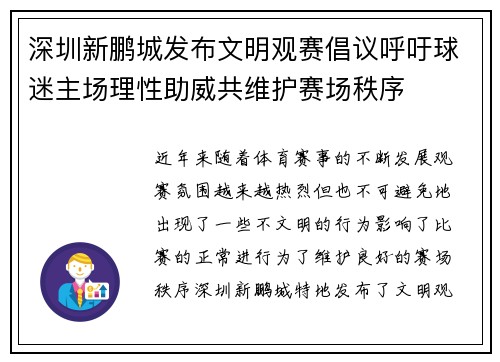 深圳新鹏城发布文明观赛倡议呼吁球迷主场理性助威共维护赛场秩序